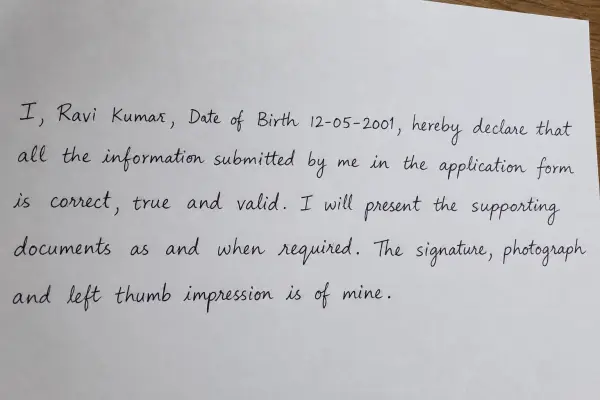 Phone photo of a handwritten declaration